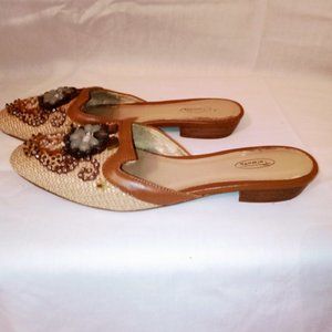 TALBOTS womens size 6.5  tan and brown weave  mule with beaded design